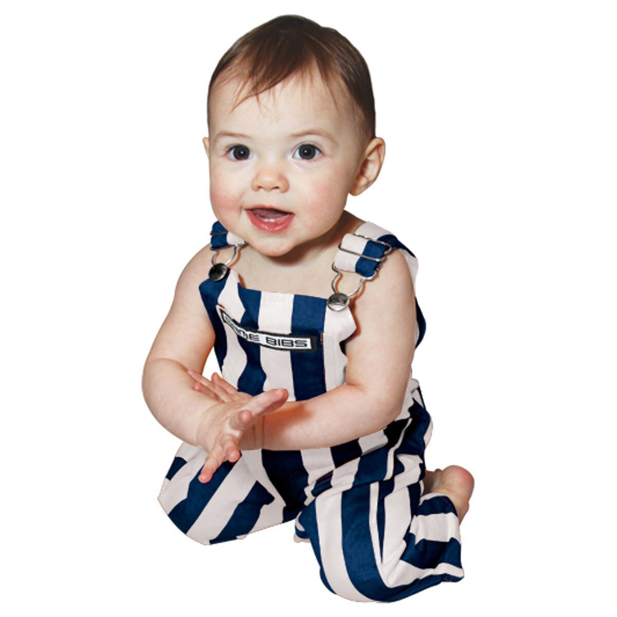 toddler wearing navy and white striped bib overalls